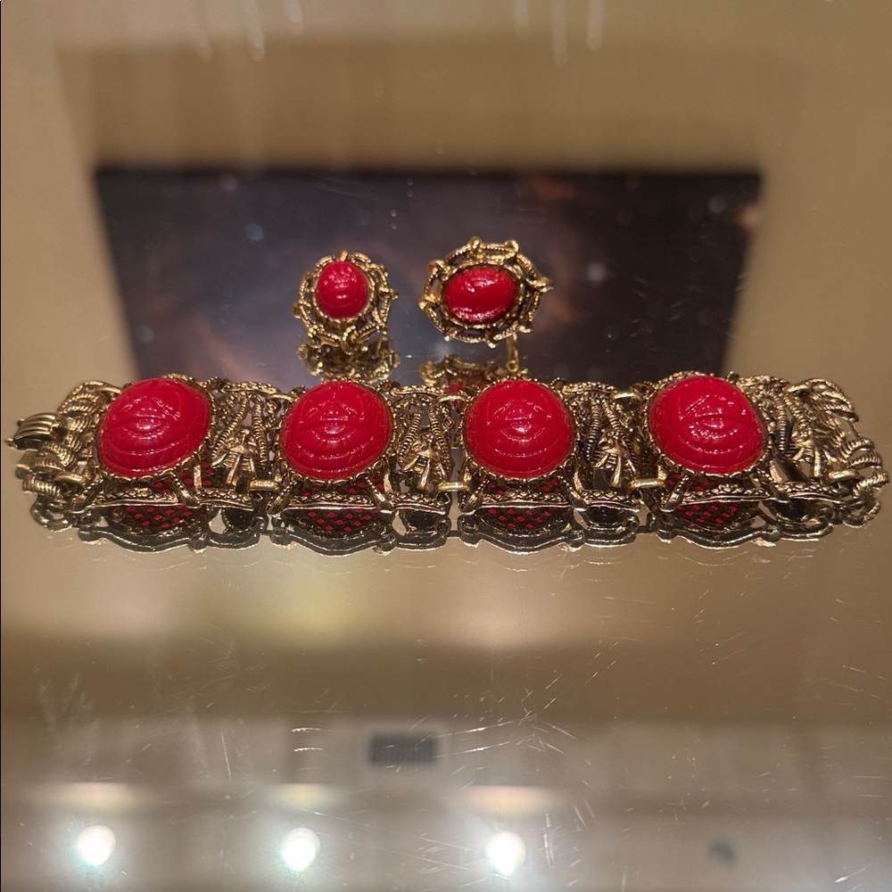 Vintage Selro Egyptian Scarab Bracelet and Earrings